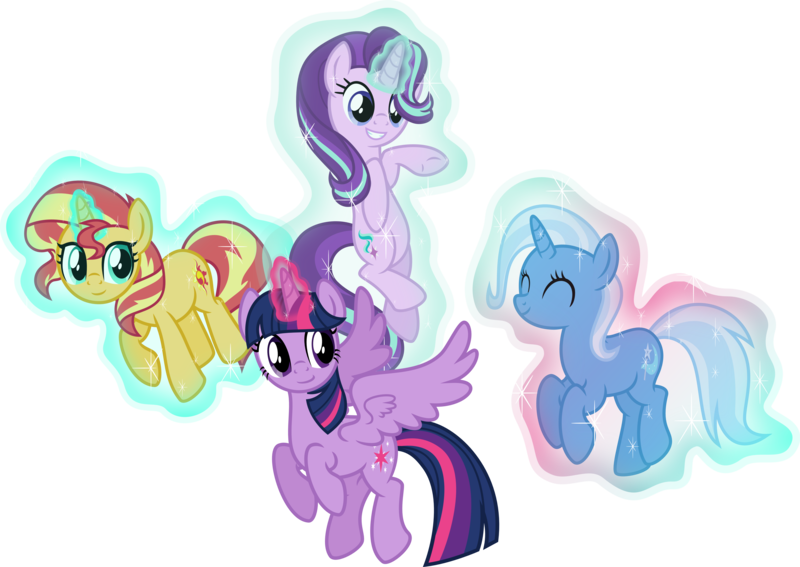 Size: 5821x4126 | Tagged: safe, artist:osipush, derpibooru import, starlight glimmer, sunset shimmer, trixie, twilight sparkle, twilight sparkle (alicorn), alicorn, pony, unicorn, absurd resolution, counterparts, magic aura, magical quartet, magical quintet, magical trio, twilight's counterparts