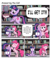 Size: 2200x2548 | Tagged: safe, artist:sslug, derpibooru import, pinkie pie, twilight sparkle, twilight sparkle (alicorn), alicorn, earth pony, phone pony, pony, :o, :p, balancing, beep boop, book, bookcase, boop, booty call, comic, confused, eyes closed, female, frown, glowing cutie mark, levitation, library, licking, licking lips, lifting, magic, mare, open mouth, personal space invasion, pinkie being pinkie, plot, question mark, raised eyebrow, raised hoof, raised leg, raised tail, silly, spread wings, surprised, tail, tail pull, telekinesis, tongue out, trotting, walking, wide eyes