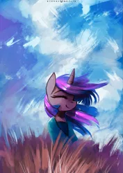 Size: 919x1300 | Tagged: safe, artist:foxinshadow, derpibooru import, twilight sparkle, pony, unicorn, clothes, cloud, eyes closed, female, field, mare, painting, sky, smiling, solo