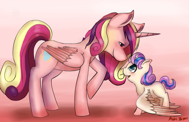 Size: 2679x1725 | Tagged: safe, artist:kysimon, derpibooru import, princess cadance, princess flurry heart, alicorn, pony, spoiler:s06, eye contact, mama cadence, mother and daughter, smiling, spread wings