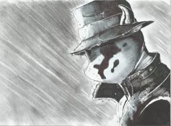 Size: 2228x1639 | Tagged: safe, artist:hurtywing, derpibooru import, ponified, pony, clothes, coat, grayscale, hat, mask, monochrome, rain, rorschach, traditional art, trenchcoat, watchmen