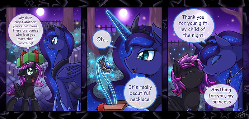 Size: 4180x2000 | Tagged: safe, artist:vavacung, derpibooru import, princess luna, oc, oc:midnight moon, alicorn, bat pony, pony, vampony, alicorn oc, balancing, blushing, boop, broken horn, comic, cute, daaaaaaaaaaaw, eyes closed, fangs, female, filly, jewelry, lidded eyes, lunabetes, mare, moon, necklace, night, noseboop, nuzzling, ocbetes, open mouth, present, smiling, stars, surprised, sweat, sweatdrop, wide eyes