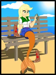 Size: 2249x3000 | Tagged: safe, artist:physicrodrigo, derpibooru import, part of a set, applejack, mermaid, series:equestria mermaids, equestria girls, beach, bench, boots, breasts, busty applejack, clothes, hatless, high res, loose hair, mermaidized, missing accessory, mobile phone, ocean, part of a series, phone, skirt, solo, species swap, story included