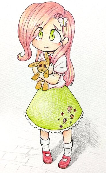 Size: 630x1024 | Tagged: artist:yukimaki, derpibooru import, fluttershy, human, humanized, safe, solo