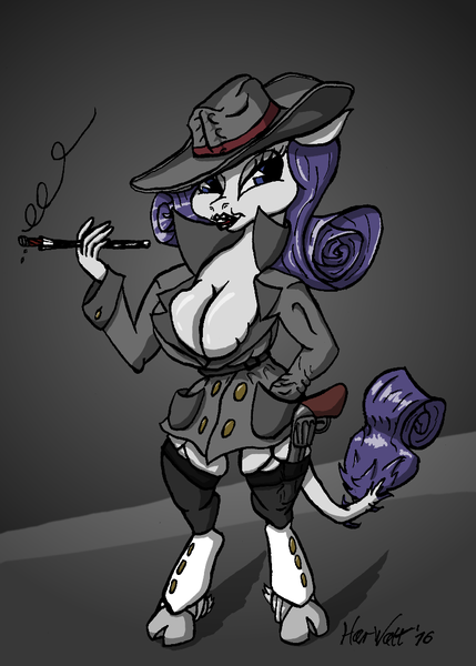 Size: 800x1119 | Tagged: suggestive, artist:harwalt, derpibooru import, rarity, anthro, unguligrade anthro, breasts, busty rarity, cigar, cigarette holder, clothes, female, gun, hat, revolver, smoking, solo, solo female