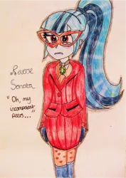 Size: 981x1383 | Tagged: safe, artist:blazingdazzlingdusk, derpibooru import, sonata dusk, equestria girls, rainbow rocks, alternate universe, drawing, glasses, requested art, solo, traditional art