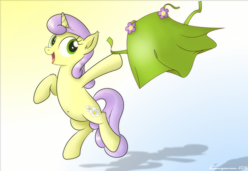 Size: 1776x1227 | Tagged: apron, artist:bluemeganium, belly button, clothes, derpibooru import, happy, leaping, safe, smiling, solo, sunshine petals, throwing