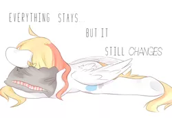 Size: 1024x699 | Tagged: safe, artist:princesstiramichyuu, derpibooru import, oc, oc:angel heart, unofficial characters only, pegasus, pony, female, lying, lying down, pillow, prone, solo, sploot, text