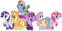 Size: 8480x4310 | Tagged: safe, artist:osipush, derpibooru import, applejack, fluttershy, pinkie pie, rainbow dash, rarity, twilight sparkle, twilight sparkle (alicorn), alicorn, pony, absurd resolution, colored wings, commission, cutie mark magic, female, mane six, mare, multicolored wings, open mouth, rainbow power, rainbow power-ified, rainbow wings, simple background, transparent background, vector, wingding eyes