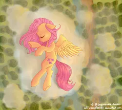 Size: 2000x1800 | Tagged: safe, artist:vampteen83, derpibooru import, fluttershy, pegasus, pony, aerial view, cloud, eyes closed, floppy ears, high angle, lying, lying down, on a cloud, open mouth, side, sleeping, solo, spread wings, wings