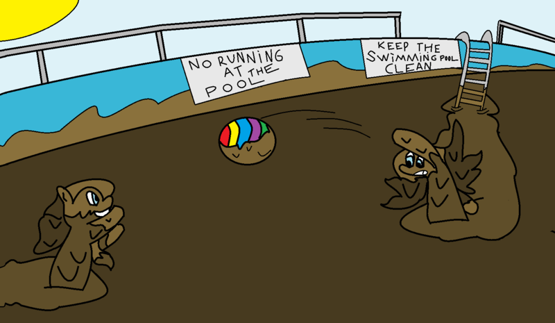 Size: 1594x927 | Tagged: 1000 hours in ms paint, artist:amateur-draw, ball, derpibooru import, ladder, ms paint, mud, muddy, oc, playing, safe, sign, swimming pool, text, unofficial characters only