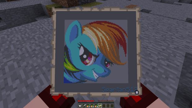 Size: 620x349 | Tagged: safe, artist:spartan512, derpibooru import, rainbow dash, pony, 2b2t, bust, game screencap, grin, map, minecraft, minecraft pixel art, pixel art, portrait, solo