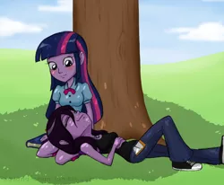 Size: 1280x1054 | Tagged: safe, artist:hasana-chan, derpibooru import, twilight sparkle, oc, oc:hasana-chan, equestria girls, blushing, canon x oc, female, humanized, lesbian, self insert, shipping, tree