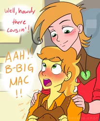 Size: 1280x1554 | Tagged: safe, artist:hasana-chan, derpibooru import, big macintosh, braeburn, equestria girls, applecest, bad touch, blushing, braemac, comic, dialogue, equestria girls-ified, gay, implied incest, implied shipping, incest, male, molestation, shipping, size difference, sweat