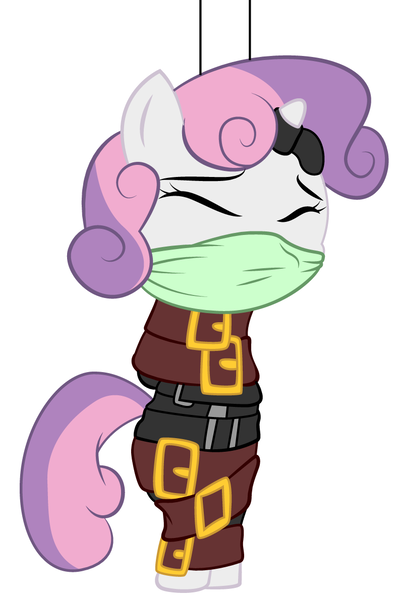 Size: 789x1190 | Tagged: questionable, artist:brayburnman, derpibooru import, sweetie belle, pony, unicorn, belts, bondage, bondage furniture, cloth gag, eyes closed, female, gag, horn ring, magic suppression, mummification, pole tied, simple background, solo, solo female, straps, tied up