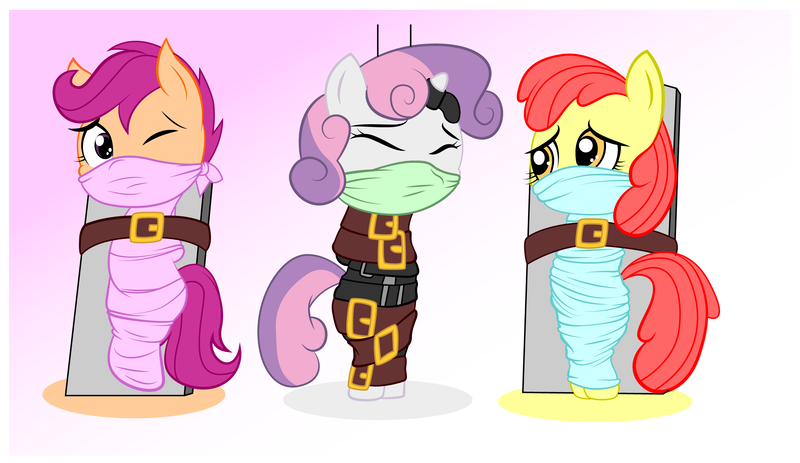 Size: 2381x1379 | Tagged: questionable, artist:brayburnman, derpibooru import, apple bloom, scootaloo, sweetie belle, earth pony, pegasus, pony, unicorn, bandage, belts, bondage, bondage furniture, cloth gag, cutie mark crusaders, eyes closed, female, females only, gag, horn ring, magic suppression, mummification, pole tied, sheet, straps, table, trio, trio female, wrapped up