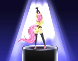 Size: 2500x1959 | Tagged: anthro, artist:canister, ass, belt, both cutie marks, breasts, busty fluttershy, butt shake, clothes, dancing, derpibooru import, evening gloves, exhibitionism, female, flutterbutt, fluttershy, from behind, gloves, panties, plantigrade anthro, rearboob, small wings, solo, solo female, spotlight, stage, stripper, suggestive, thong, underwear