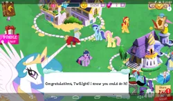 Size: 1024x600 | Tagged: bits, book, canterlot, derpibooru import, fluttershy, game, gameloft, gem, jeff letrotski, king sombra, minuette, planetary bob, princess celestia, rainbow dash, rarity, richard the hoovenheart, safe, screencap, sunset shimmer, text, twilight sparkle, twilight sparkle (alicorn)