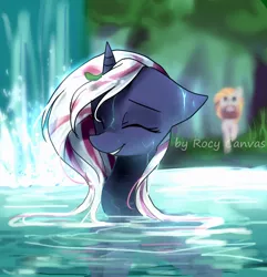 Size: 1000x1039 | Tagged: safe, artist:rocy canvas, derpibooru import, oc, oc:velvet remedy, unofficial characters only, pony, unicorn, fanfic, eyes closed, fanfic art, female, floppy ears, horn, mare, mouth hold, smiling, teeth, water, waterfall, wet mane
