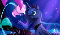 Size: 1200x693 | Tagged: safe, artist:rocy canvas, derpibooru import, princess luna, alicorn, pony, do princesses dream of magic sheep, dream, female, flower, giant flower, grin, lidded eyes, luna's dream, mare, night, sitting, smiling, solo, surreal