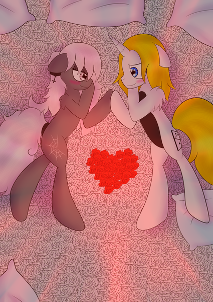 Size: 2507x3541 | Tagged: safe, artist:sojek, derpibooru import, oc, oc:bakchus, oc:mingle, unofficial characters only, earth pony, pony, unicorn, bed, female, flower, gothic, love, male, minchus, oc x oc, pillow, red rose, rose, shipping, straight, white rose