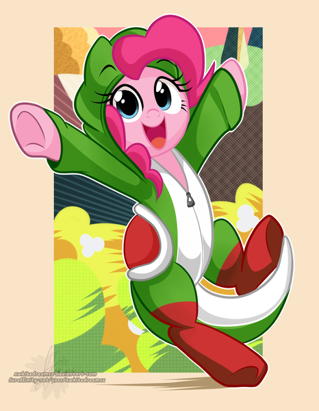 Size: 1332x1715 | Tagged: artist:xwhitedreamsx, clothes, costume, derpibooru import, kigurumi, nintendo, pinkie pie, safe, solo, super mario bros., yoshi, yoshi pie, yoshi's island