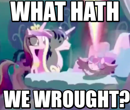 Size: 428x363 | Tagged: derpibooru import, image macro, magic, meme, messy mane, princess cadance, princess flurry heart, safe, screencap, shining armor, sneezing, terrified, the crystalling, wide eyes