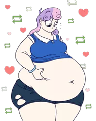 Size: 950x1200 | Tagged: artist:bigponiesinc, belly, belly button, belly grab, big belly, clothes, dead source, derpibooru import, fat, female, human, humanized, note expansion, obese, older, solo, solo female, suggestive, sweetie belle, sweetie belly, torn clothes, weight gain