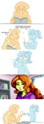 Size: 1280x3600 | Tagged: safe, artist:ponut_joe, derpibooru import, adagio dazzle, sonata dusk, equestria girls, :d, :t, book, clothes, comic, derp, dialogue, faic, glasses, hoodie, looking at you, reading, shoujo vision, squint, wat, younger