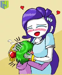Size: 1000x1200 | Tagged: suggestive, artist:neutralchilean, derpibooru import, rarity, spike, human, blushing, boob smothering, breasts, cleavage, equestria girls outfit, eyes closed, female, fire ruby, heart, hug, humanized, male, older, older spike, shipping, size difference, smaller male, smothering, sparity, straight