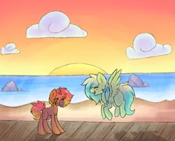 Size: 1059x854 | Tagged: artist:justalittleshadow, beach, derpibooru import, oc, oc:brooklyn, oc:seafoam, safe, sunset, unofficial characters only