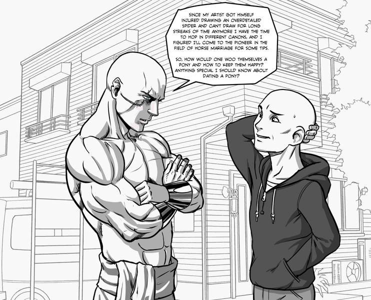 Size: 1270x1027 | Tagged: artist:pencils, astartes pattern baldness, bald, barely pony related, breaking the fourth wall, derpibooru import, human, monochrome, neo noir, oc, oc:anon, oc:richard, partial color, safe, unofficial characters only