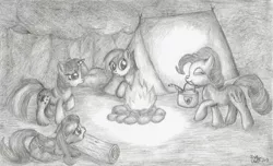 Size: 1434x871 | Tagged: artist:kuroitsubasatenshi, camping, derpibooru import, fluttershy, monochrome, pinkie logic, pinkie pie, rainbow dash, safe, this will end in explosions, this will end in fire, this will end in tears, traditional art, twilight sparkle