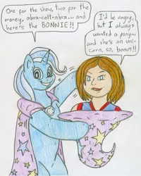 Size: 799x999 | Tagged: safe, artist:jose-ramiro, derpibooru import, trixie, human, pony, unicorn, bipedal, bonnie rockwaller, bunny out of the hat, crossover, female, kim possible, magic trick, mare, traditional art