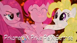 Size: 2560x1440 | Tagged: artist:icy wings, artist:ov3rhell3xoduz, derpibooru import, edit, hug, pinkamena diane pie, pinkie pie, safe, surprise, trinity pie, wallpaper, wallpaper edit