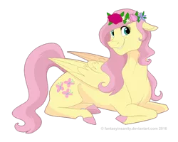 Size: 800x640 | Tagged: safe, artist:fantasyinsanity, derpibooru import, fluttershy, disney, disney style, floral head wreath, prone, simple background, solo, style emulation, transparent background