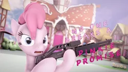 Size: 2880x1620 | Tagged: safe, artist:nikpinkie, derpibooru import, pinkie pie, 3d, gun, pinkie promise, ponyville, shotgun, solo, source filmmaker, spas-12, text, this will end in tears and/or death, weapon