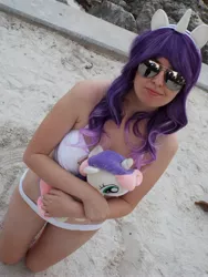 Size: 3456x4608 | Tagged: artist:krazykari, bikini, clothes, cosplay, costume, derpibooru import, human, irl, irl human, photo, plushie, rarity, safe, sunglasses, sweetie belle, swimsuit