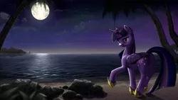 Size: 5120x2880 | Tagged: safe, artist:ampgamer, artist:lunebat, derpibooru import, twilight sparkle, twilight sparkle (alicorn), alicorn, pony, beach, clothes, collaboration, female, lighthouse, mare, moon, mountain, night, ocean, palm tree, princess shoes, rock, scenery, shoes, solo, sunset, tree