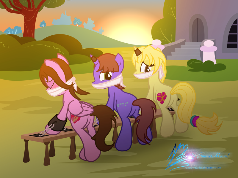 Size: 1600x1200 | Tagged: questionable, artist:nightmaremoons, derpibooru import, oc, oc:ditzy theory, oc:love beat, oc:love knot, unofficial characters only, pegasus, pony, unicorn, bondage, cloth gag, female, females only, gag, horn ring, magic suppression, public use, shackles, show accurate, show accurate porn, sunset