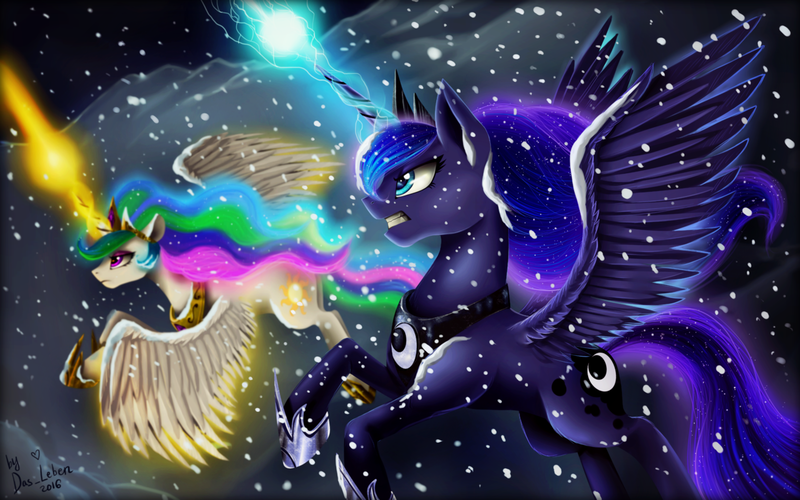 Size: 1280x800 | Tagged: safe, artist:das_leben, derpibooru import, princess celestia, princess luna, alicorn, pony, the crystalling, blast, blizzard, female, flying, magic, magic beam, magic blast, mare, royal sisters, siblings, sisters, snow, snowfall