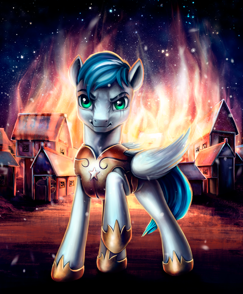 Size: 2883x3486 | Tagged: artist:l1nkoln, derpibooru import, fire, oc, oc:brilliant sheen, raised hoof, royal guard, safe, scenery, solo, town, unofficial characters only