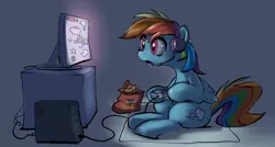 Size: 1280x684 | Tagged: safe, artist:gsphere, derpibooru import, rainbow dash, pegasus, pony, chips, computer, controller, doritos, drool, food, gamerdash, headset, monitor, solo, video game