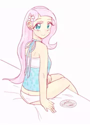 Size: 533x741 | Tagged: artist:nemucure, bed, blushing, clothes, derpibooru import, fluttershy, human, humanized, panties, solo, suggestive, underwear, white underwear