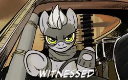 Size: 1440x900 | Tagged: safe, artist:pencils, derpibooru import, limestone pie, earth pony, pony, crossover, female, looking at you, mad max, mad max fury road, mare, reaction image, slit, smiling, solo, witnessed