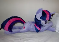 Size: 1600x1130 | Tagged: safe, artist:epicrainbowcrafts, derpibooru import, twilight sparkle, twilight sparkle (alicorn), alicorn, pony, bedroom eyes, book, female, irl, mare, photo, plushie, prone, solo