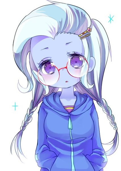 Size: 500x703 | Tagged: safe, artist:weiliy, derpibooru import, trixie, equestria girls, alternate hairstyle, barrette, blushing, braid, clothes, cute, daaaaaaaaaaaw, diatrixes, dress, female, glasses, hairclip, hairpin, hands in pockets, head tilt, hnnng, hoodie, looking at you, missing accessory, moe, open mouth, simple background, solo, sparkles, sweater, twin braids, weiliy is trying to murder us, white background