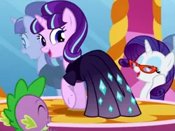 Size: 791x593 | Tagged: safe, derpibooru import, screencap, rarity, spike, starlight glimmer, pony, unicorn, the cutie re-mark, clothes, cute, dress, female, gem, glimmerbetes, image macro, looking at you, mare, meme, open mouth, raised hoof