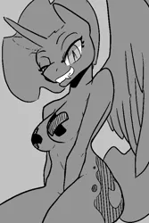 Size: 540x810 | Tagged: anthro, artist:nakedsharks, derpibooru import, female, grayscale, looking at you, monochrome, nightmare moon, nipple tape, nudity, pasties, solo, solo female, suggestive