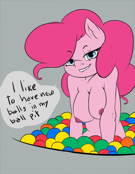 Size: 618x800 | Tagged: anthro, artist:atane27, ball pit, breasts, busty pinkie pie, derpibooru import, female, lip bite, nipples, nudity, pinkie pie, questionable, solo, solo female